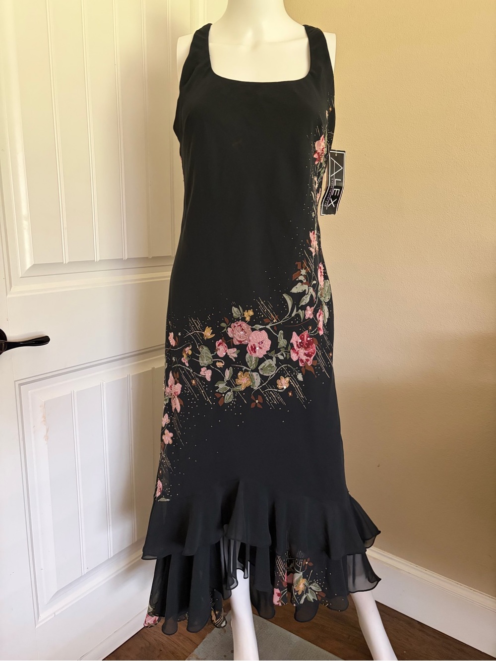 Vintage 90s Y2K Designer Elegant Black Beaded Floral Ruffle Maxi Dress
